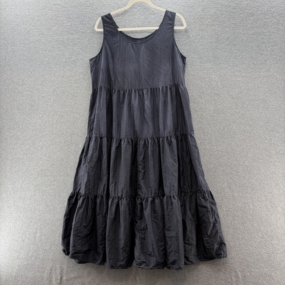 Eileen Fisher Dress Medium Navy Crinkle Silk Tiered Relax Maxi Trapeze Sundress